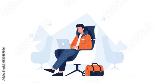 Man Working On Laptop At Airport Lounge, Digital Nomadism, Creative Style, Illustration