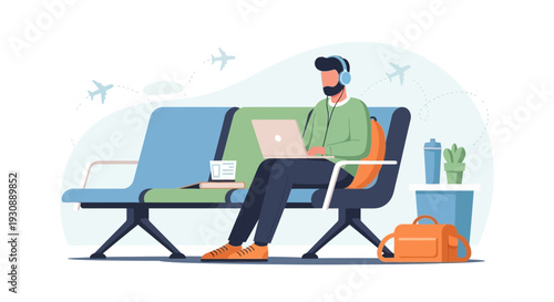 Man Working On Laptop in Airport Waiting Area, Modern Illustration Concept Design