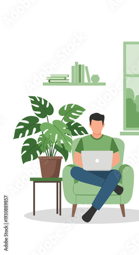 Man Working Remotely From A Cozy Living Room Environment