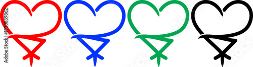 Set of stylized gender symbols, hearts and triangles, red blue green and black
