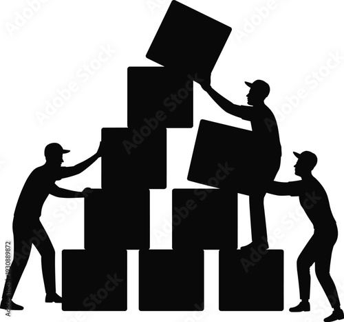 Team stacking boxes silhouette, business teamwork collaboration concept, group building success strategy, partnership support illustration, black isolated vector design