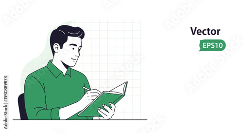 Man Writing In A Notebook With A Pencil And A Simple Green Shirt