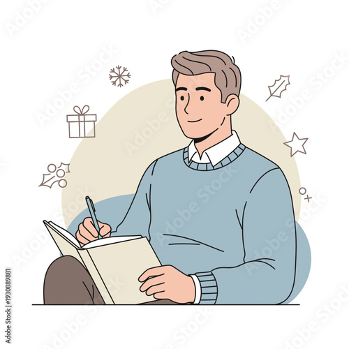 Man Writing in Book With Holiday Icons Background Minimalist Style