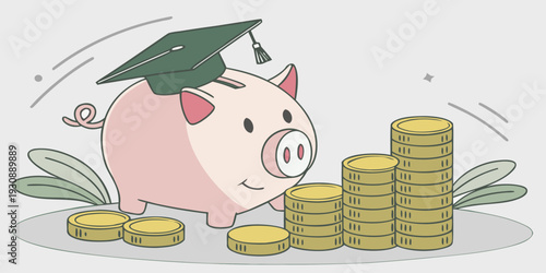 Cute piggy bank with stacked coins representing student savings plan, education funding, scholarship preparation, financial growth, and smart money management concept.