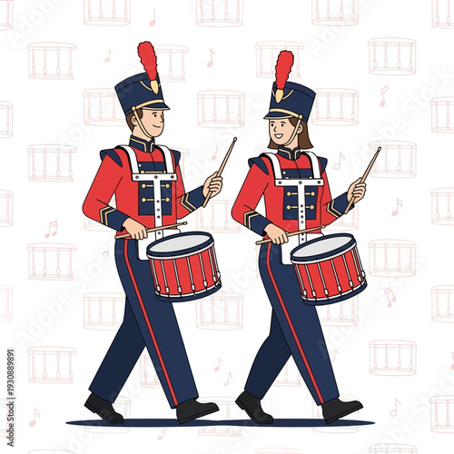 Marching Band Musicians Drumming with Festive Uniforms and Energetic Performance