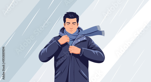 Man Zipping Up Winter Coat In Snowy Weather Scene