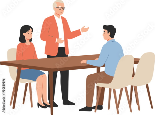 Business meeting discussion at office table with manager explaining strategy to colleagues, teamwork collaboration concept, professional communication, corporate training session