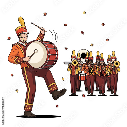 Marching Band Parade Performance Lively Drummer Leading Musicians In Uniform