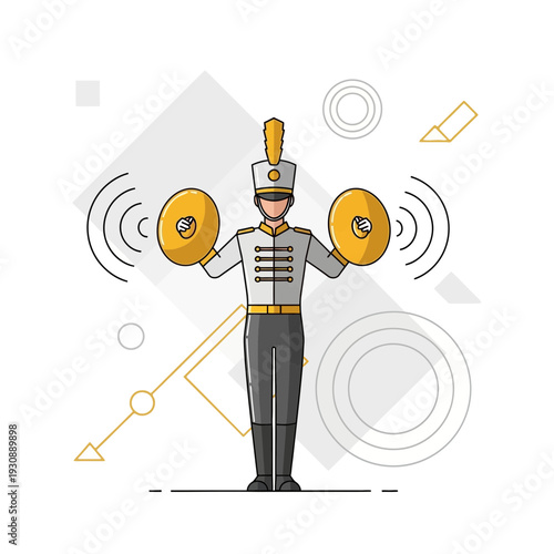 Marching Band Percussionist In Uniform Playing Cymbals With Geometric Accents