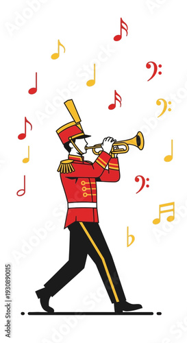 Marching Band Trumpeter Playing Festive Melody Amidst Musical Notes Illustration