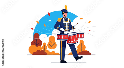 Marching Drummer In A Festive Uniform With Autumn Foliage In The Background