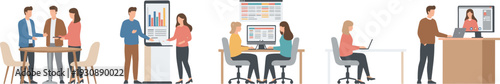 Business team workflow scenes including meeting, presentation, data analysis, office collaboration and client support service illustration set