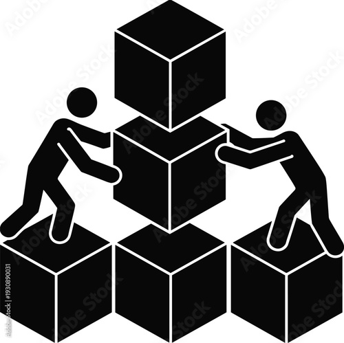 Teamwork cube stacking silhouette, business collaboration concept, partnership building strategy, corporate cooperation success symbol, black isolated vector illustration