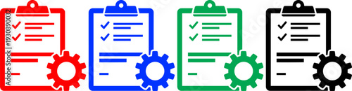 Four clipboard checklist icons with gear in red blue green and black on checkered background