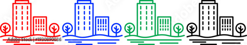 Set of four cityscape icons with trees and water in red blue green and black on checkered background