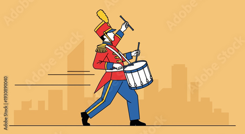 Marching Band Drummer Performing In A Parade With City Silhouette Background