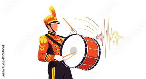 Marching Band Drummer Playing Bass Drum with Sound Waves