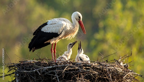 Stork family in nest, parent feeding young chicks.