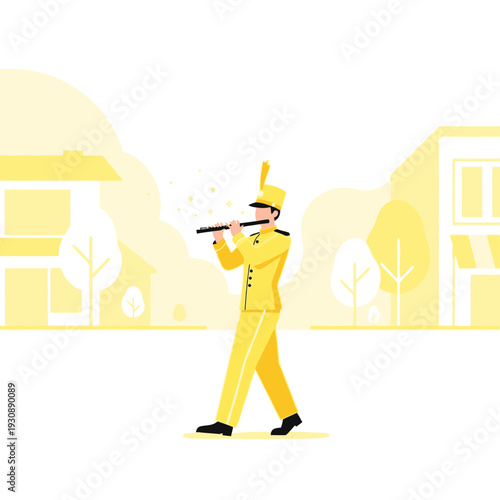 Marching Band Musician Playing Flute in a Parade Setting Minimalist Style