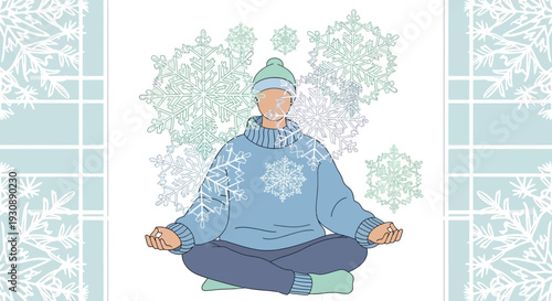 Meditating Figure Wrapped In Winter Snowflakes And Cozy Sweater