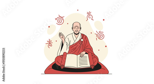 Meditating Monk Reading Ancient Texts, Surrounded by Abstract Decorative Symbolic Elements
