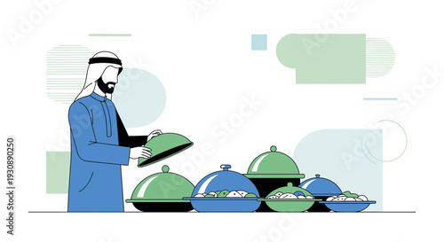 Middle Eastern Man Serving Traditional Food Dishes Generous Feast