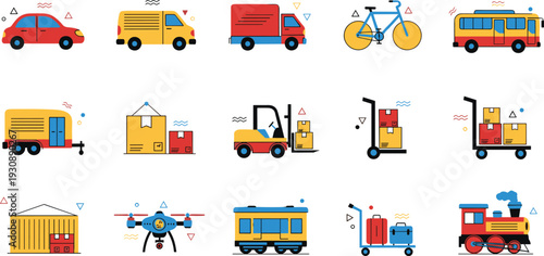 Colorful flat transportation icons set featuring cars, trucks, bicycle, bus, train, airplane, scooter, and delivery vehicles illustration modern vector design