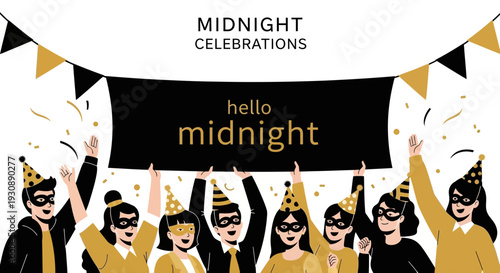 Midnight Revelry Illustrative Design Showing Individuals Cheering With Banners and Confetti