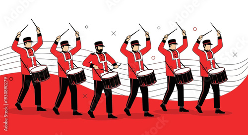 Military Drummers In Uniform Marching With Drums And Batons