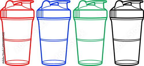 Outline vector illustrations of shaker cups in red blue green and black colors isolated on white