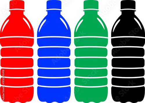 Collection of plastic water bottles in four distinct colors red blue green and black isolated vector