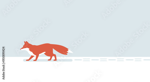 Minimalist Fox Walking Across A Snowy Landscape With Light Blue Sky