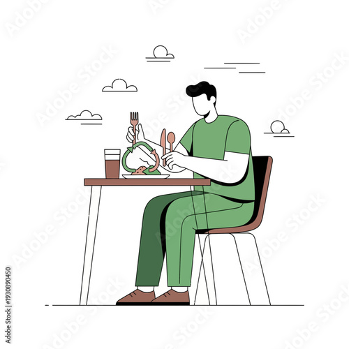 Minimalist Illustration Of A Man Enjoying A Meal At A Table In A Simple Line Art Style