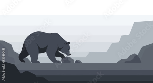 Minimalist Illustration of a Bear Traversing Rocky Terrain in a Monochromatic Setting