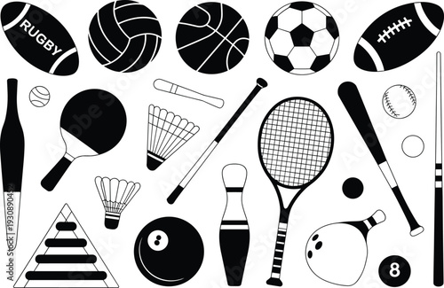Sports equipment collection silhouette, balls rackets bats and gear icons, athletic game symbols set, black isolated vector illustration design