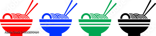 Set of stylized ramen bowls with chopsticks in four vibrant colors red blue green and black isolated