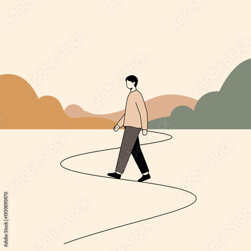 Minimalist Illustration Of A Person Navigating A Winding Path Through An Abstract Landscape