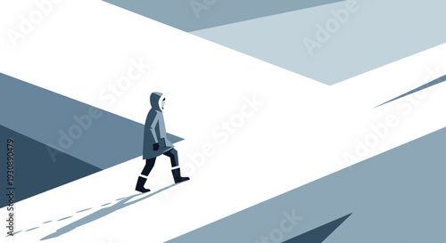 Minimalist Illustration of a Person Trekking Through a Wintery Landscape, Alone