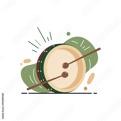 Minimalist Illustration of a Traditional Drum with Sticks and Decorative Green Accents