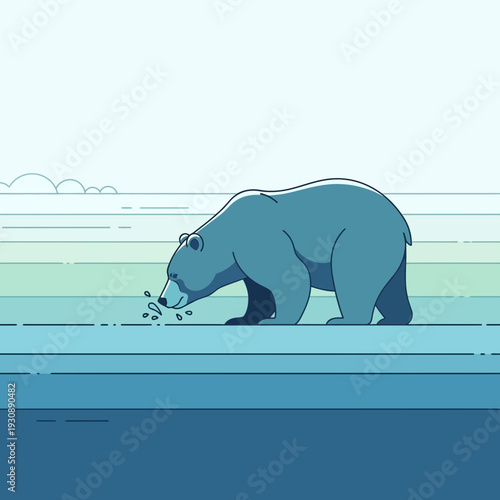 Minimalist Illustration of a Polar Bear Exploring Its Environment in a Blue and Green Scene