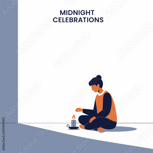 Minimalist Illustration Of Midnight Ceremony Featuring A Person And A Lit Candle