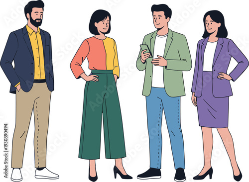 Diverse business professionals standing together discussing smartphone communication, corporate teamwork and modern office collaboration concept illustration isolated on white background