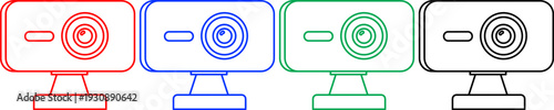 Set of webcams in different colors red blue green and black outline illustration