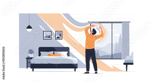 Modern Bedroom With Sunlight And Window View Fresh Air Concept