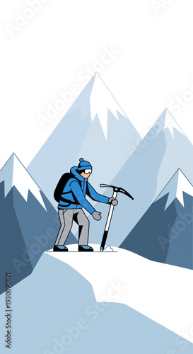 Mountain Climber Ascending Snowy Peaks With Ice Axe Adventure And Extreme Sports