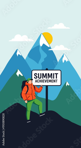 Mountain Climber Reaches Summit Achievement Sign Inspiring Outdoor Adventure