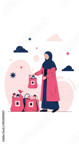 Modern Muslim Woman Joyfully Shopping Bags Full of Goods Outdoors