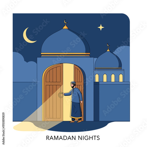 Mosque Entrance Under Moonlight With Man Greeting Ramadan Evenings