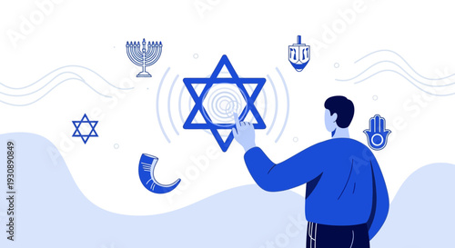 Modern Man Interacting With Digital Jewish Symbols In A Clean Design
