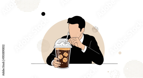 Modern Man Enjoys Refreshing Iced Coffee Drink Lifestyle Illustration